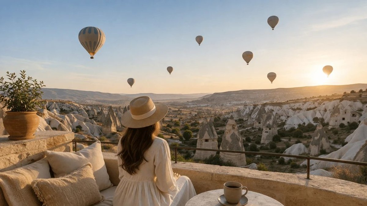 A guest watching a sunrise over Cappadocia from a stone terrace, with multiple hot air balloons rising over the fairy chimney landscape, conveying the calm scale and regulated nature of the morning balloon operation