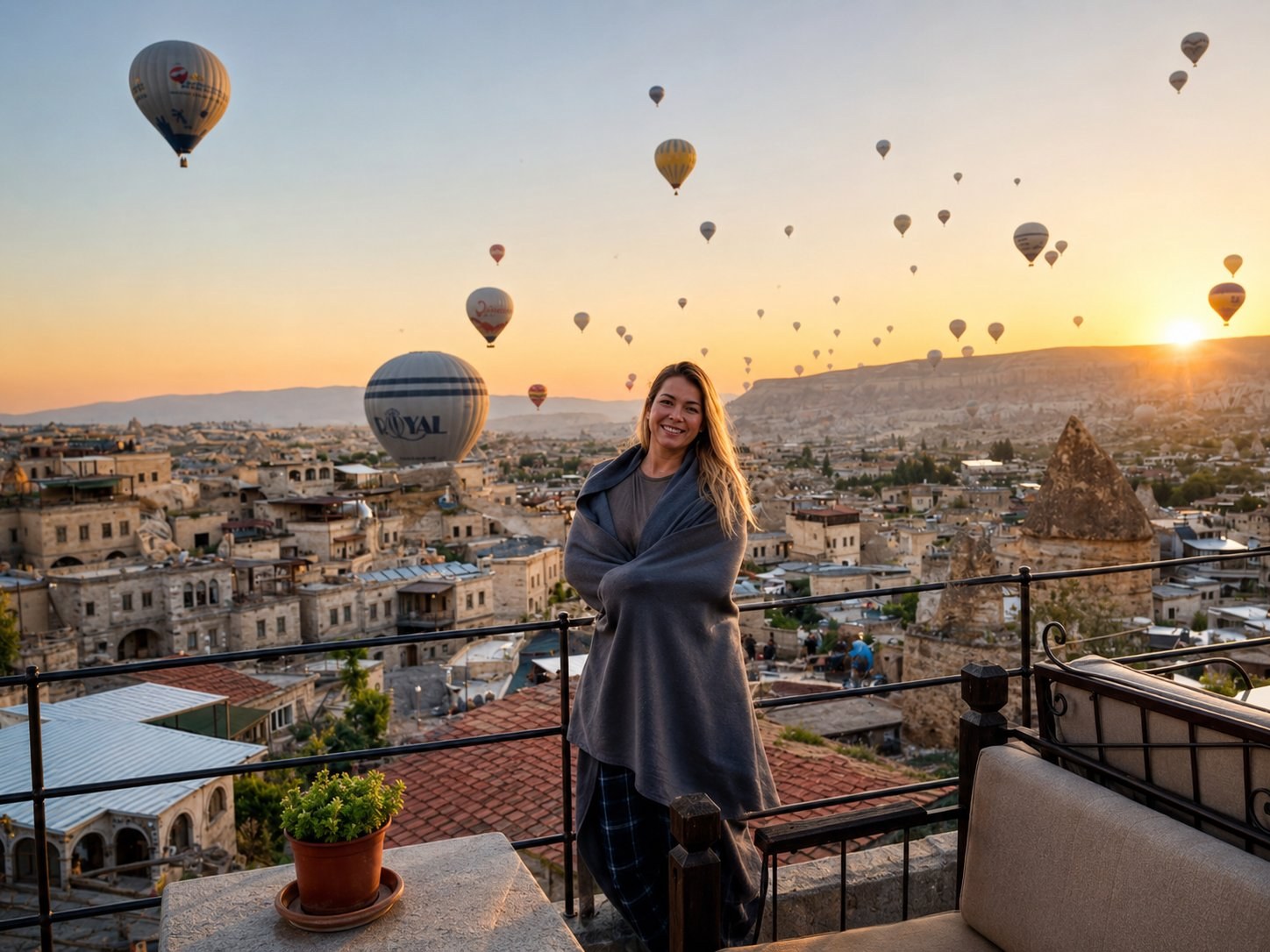 Dozens of hot air balloons rising over Göreme at sunrise, seen from a terrace before a Cappadocia balloon flight